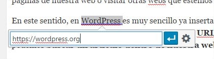Ventana para agregar enlace en el texto de WordPress