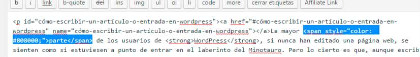 Codigo html que genera el color en WordPress