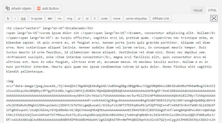 Ejemplo de código generado al pegar texto desde un procesador de texto como Writer, de LibreOffice