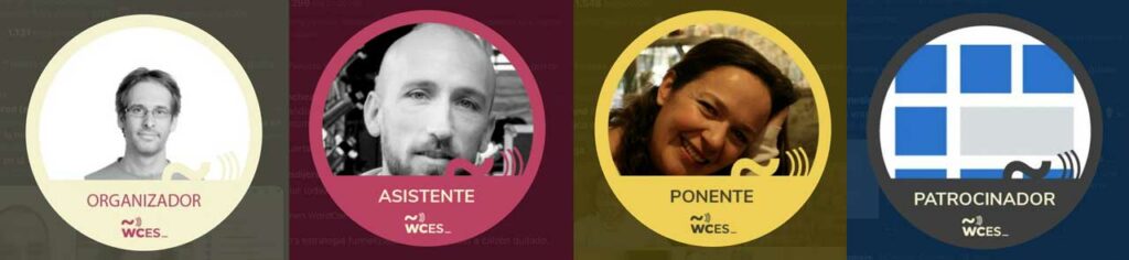 Ejemplo de acreditaciones de Jesús Yesares (organizador), Álvaro Sánchez(asistente), Esther Solá (ponente) y Código Genesis (patrocinador)