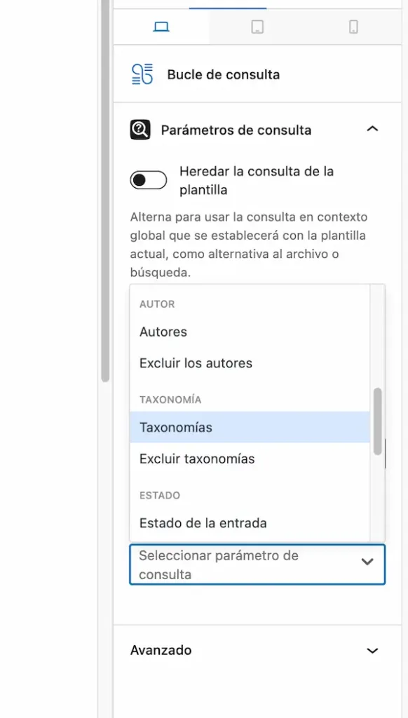 Tipos de filtros que permite aplicar el bucle de consultas de GenerateBlocks