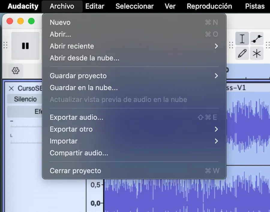 opcion menu exportar audio audacity